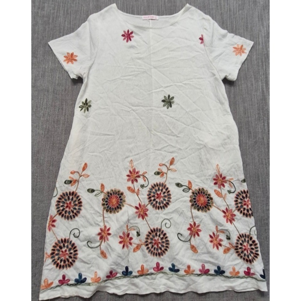 Ana & Rose white floral embroidered shift dress Med boho pullover colorful